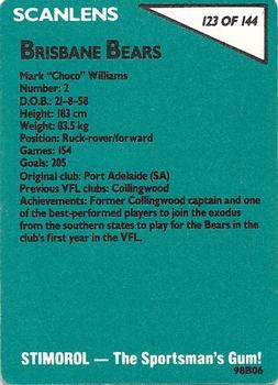 1988 Scanlens VFL #123 Mark Williams Back